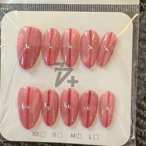 Pink Press On Nails with Rhinestone Stripe Accent, Fake Nails Set‎